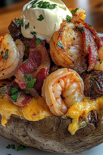 Steak Shrimp Loaded Baked Potato