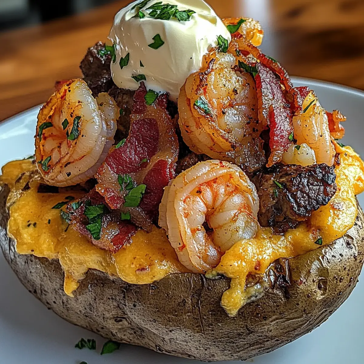 Steak Shrimp Loaded Baked Potato