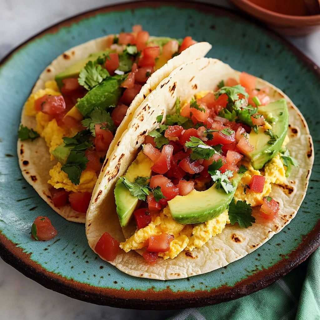 Breakfast Tacos with Fluffy Eggs and Fresh Toppings 2 Breakfast Tacos with Fluffy Eggs and Fresh Toppings